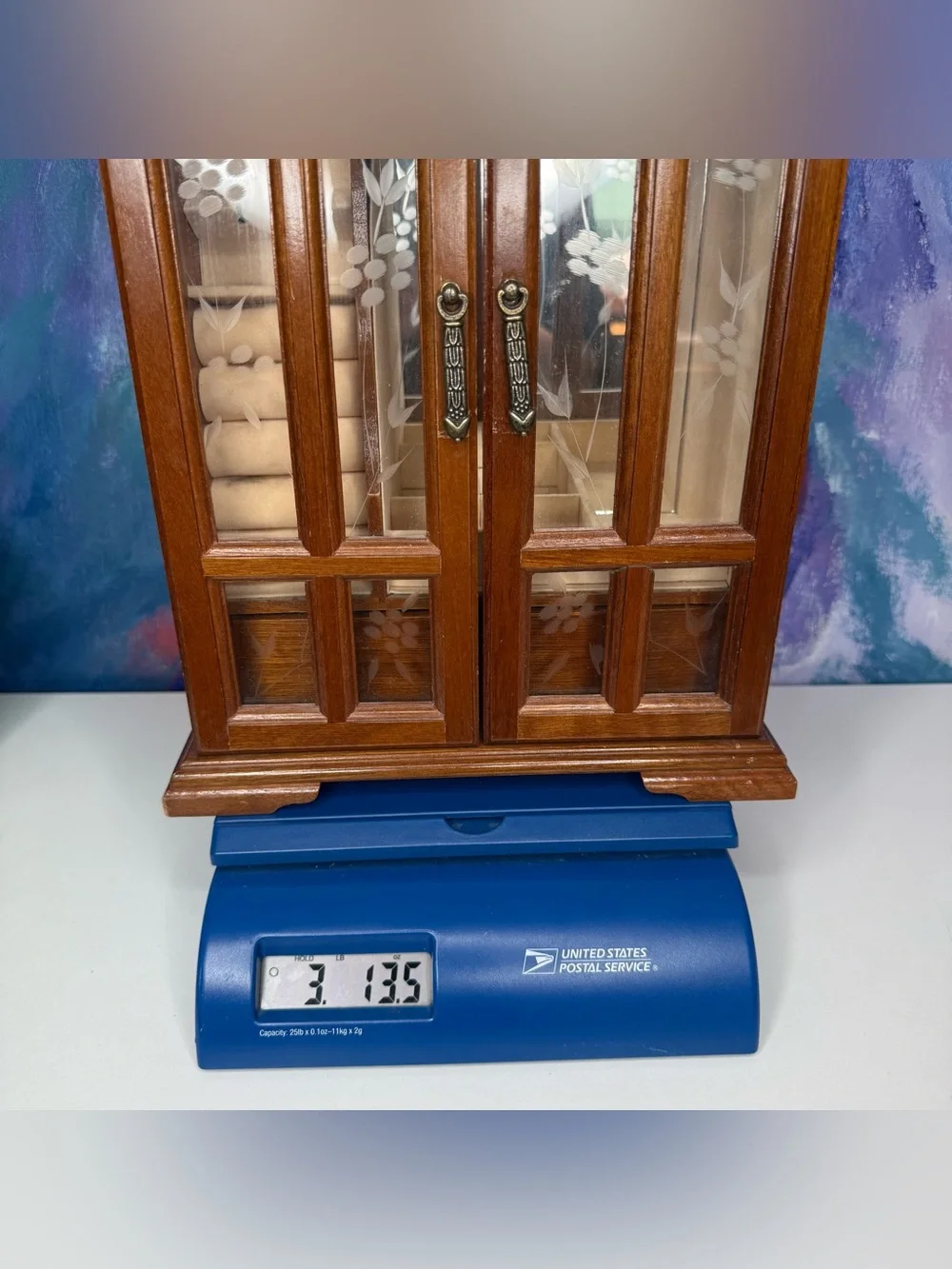 Vintage Wooden Jewelry Box Etched Floral Glass 1980s Armoire Chest Mirror Drawer